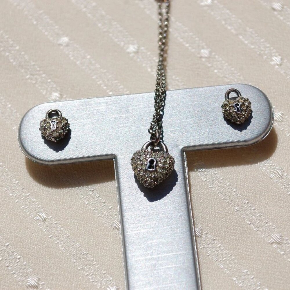 Vintage Y2K Juicy Couture Platinum Plated Silver Pave Heart Padlock Set